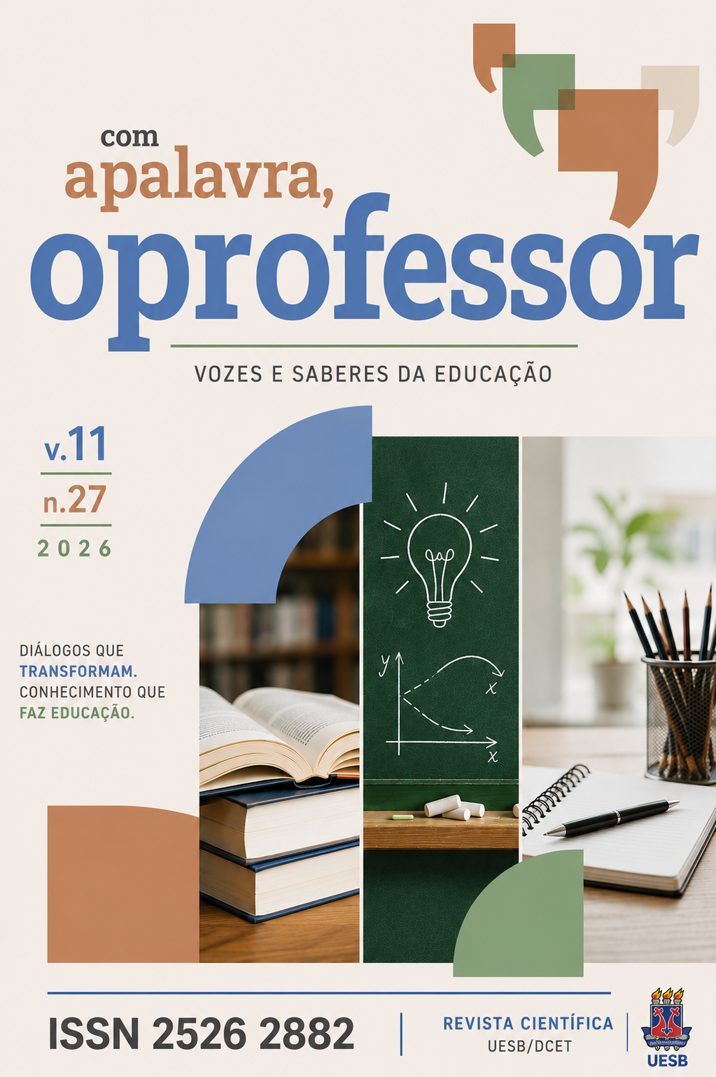 Capa da edição v. 11, n. 27 (2026) da revista científica Com a Palavra, o Professor, com elementos gráficos relacionados à Educação e à Educação Matemática.