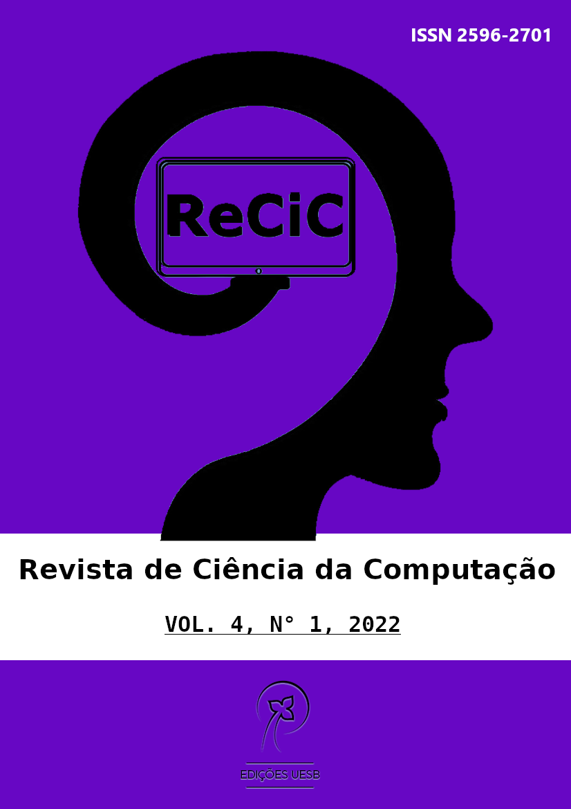 Capa da ReCiC, com fundo lilás, contorno de uma cabeça em perfil, formando espiral no centro e finalizando com o nome ReCiC. Abaixo desse desenho uma faixa branca com as informações da edição: volume 4, número 1 de 2022.